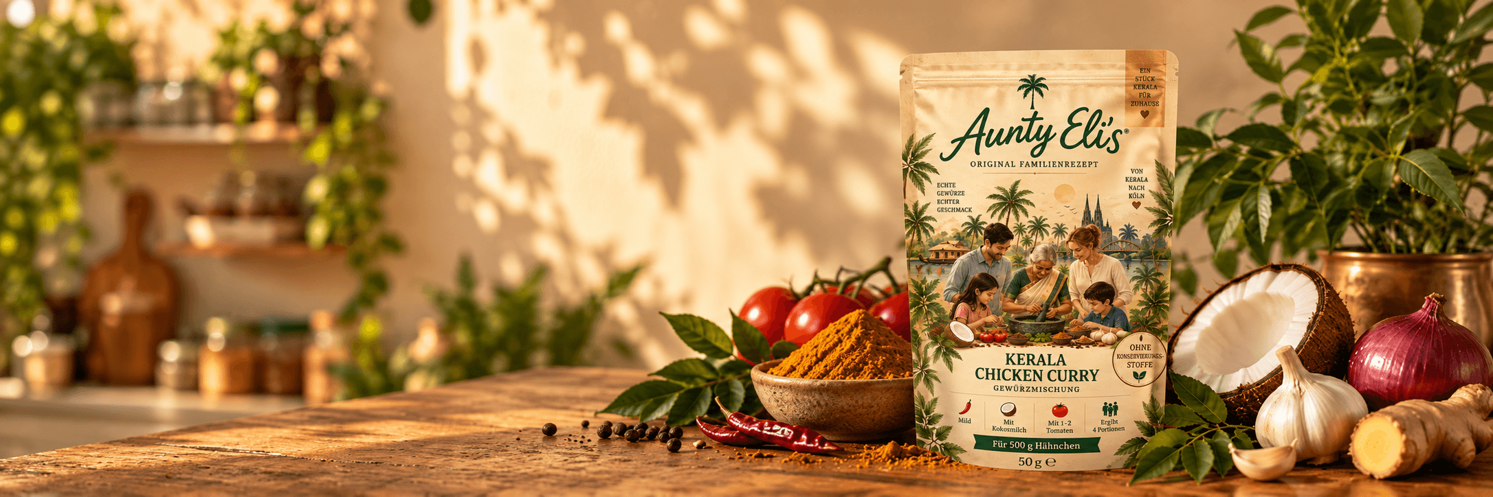 Aunty Eli's Kerala Chicken Curry blend with spices and fresh ingredients