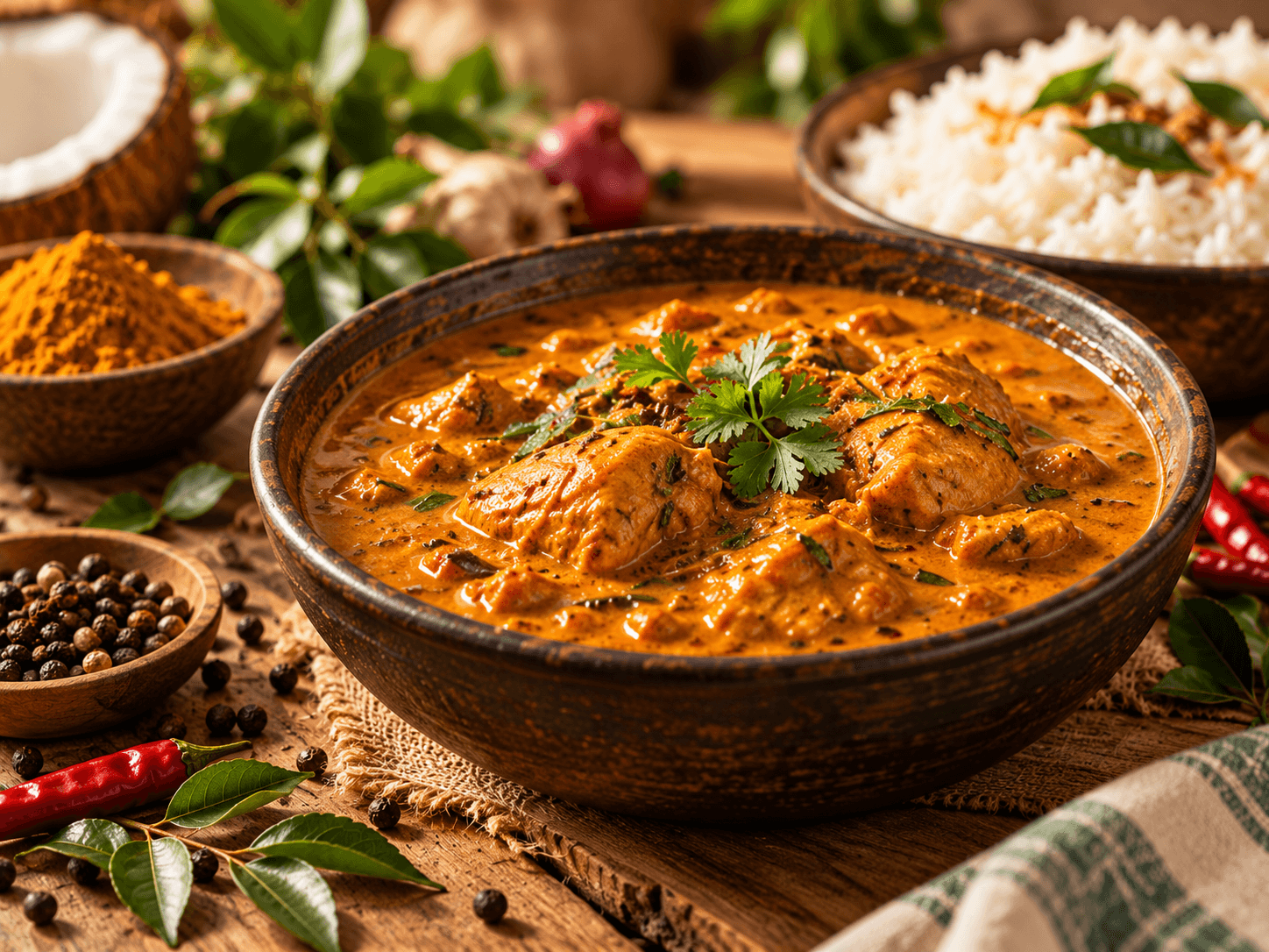 A bowl of chicken curry with rice and spices